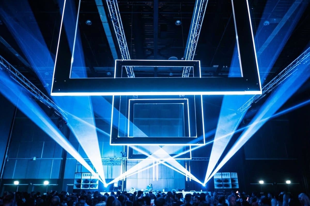Concert venue with geometric LED light frames and laser effects